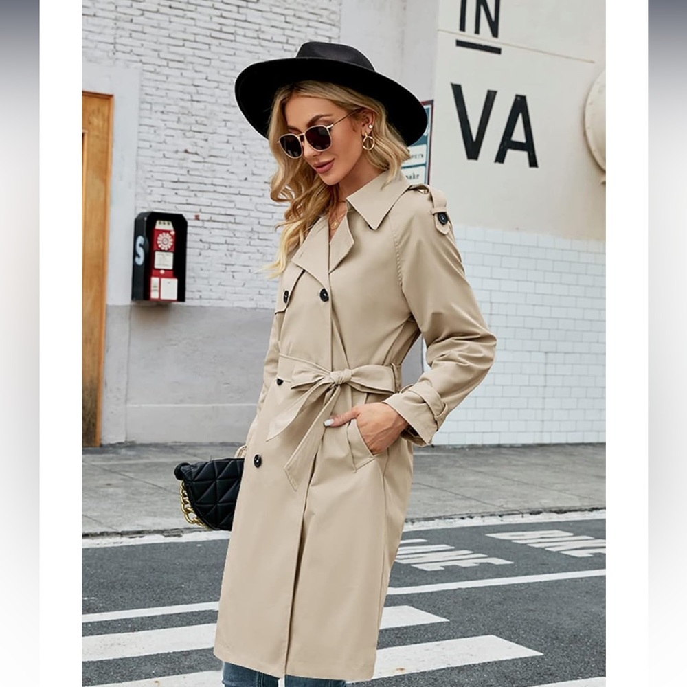 Women's Double Breasted Long Trench Coat Windproof Coat Tan Beige Small